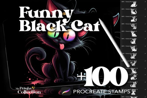 100 Procreate Funny Black Cat Stamps: A Playful Addition to Your Digital Art