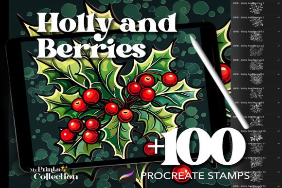 Elevate Your Holiday Art with 100 Procreate Holly and Berries Stamps